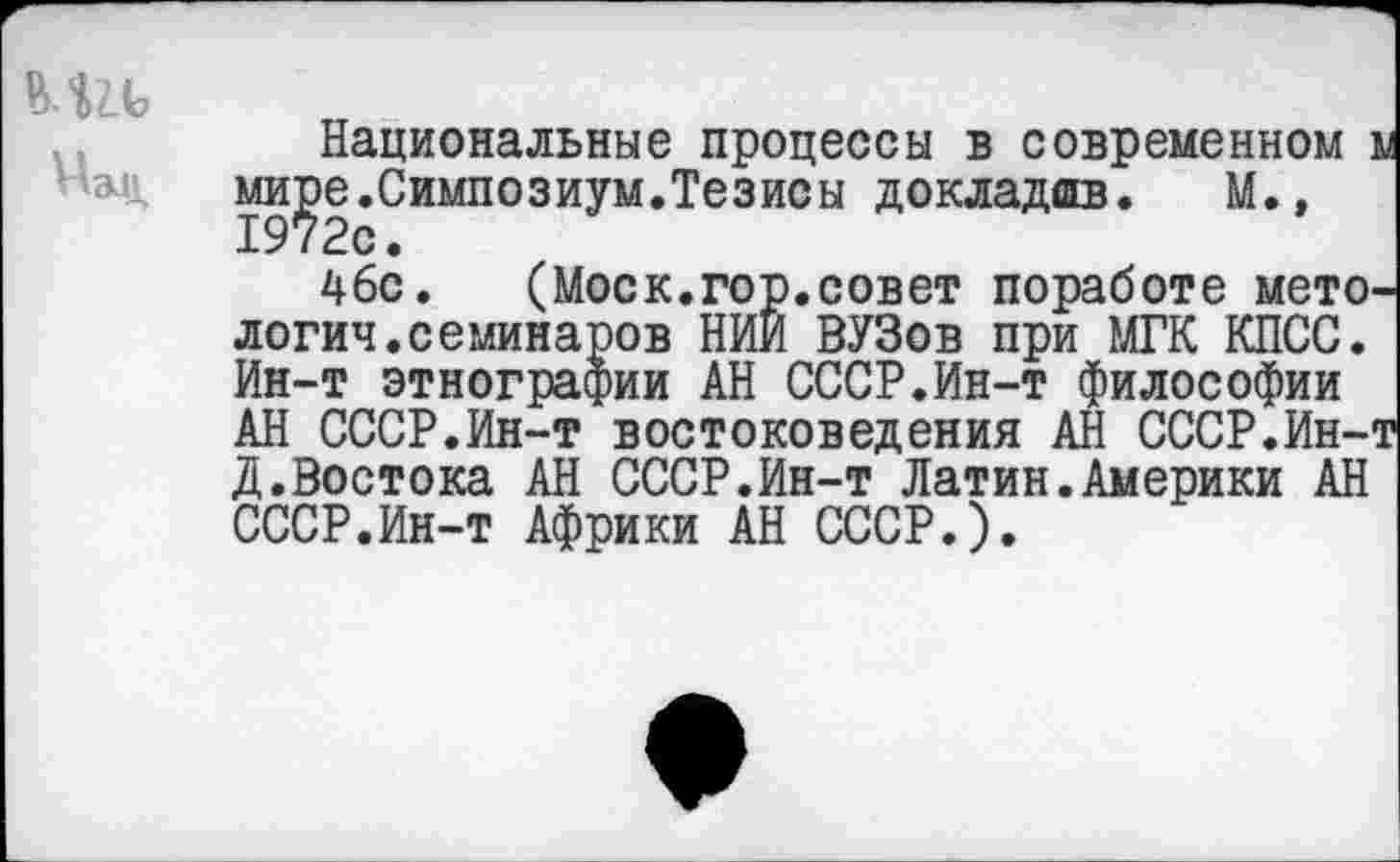 ﻿м?л,
Национальные процессы в современном ц ми^е.Симпозиум.Тезисы докладов.	М.»
4бс. (Моск.гор.совет поработе мето-логич.семинаров НИИ ВУЗов при МГК КПСС. Ин-т этнографии АН СССР.Ин-т философии АН СССР.Ин-т востоковедения АН СССР.Ин-т Д.Востока АН СССР.Ин-т Латин.Америки АН СССР.Ин-т Африки АН СССР.).